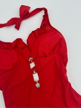 G by Guess Red Halter One-Piece Swimsuit with Front Cutouts